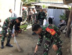 Sinergitas TNI-Polri Lakukan Kerja Bakti Bersama Warga Kampung Lapango, Kec. Manganitu Selatan